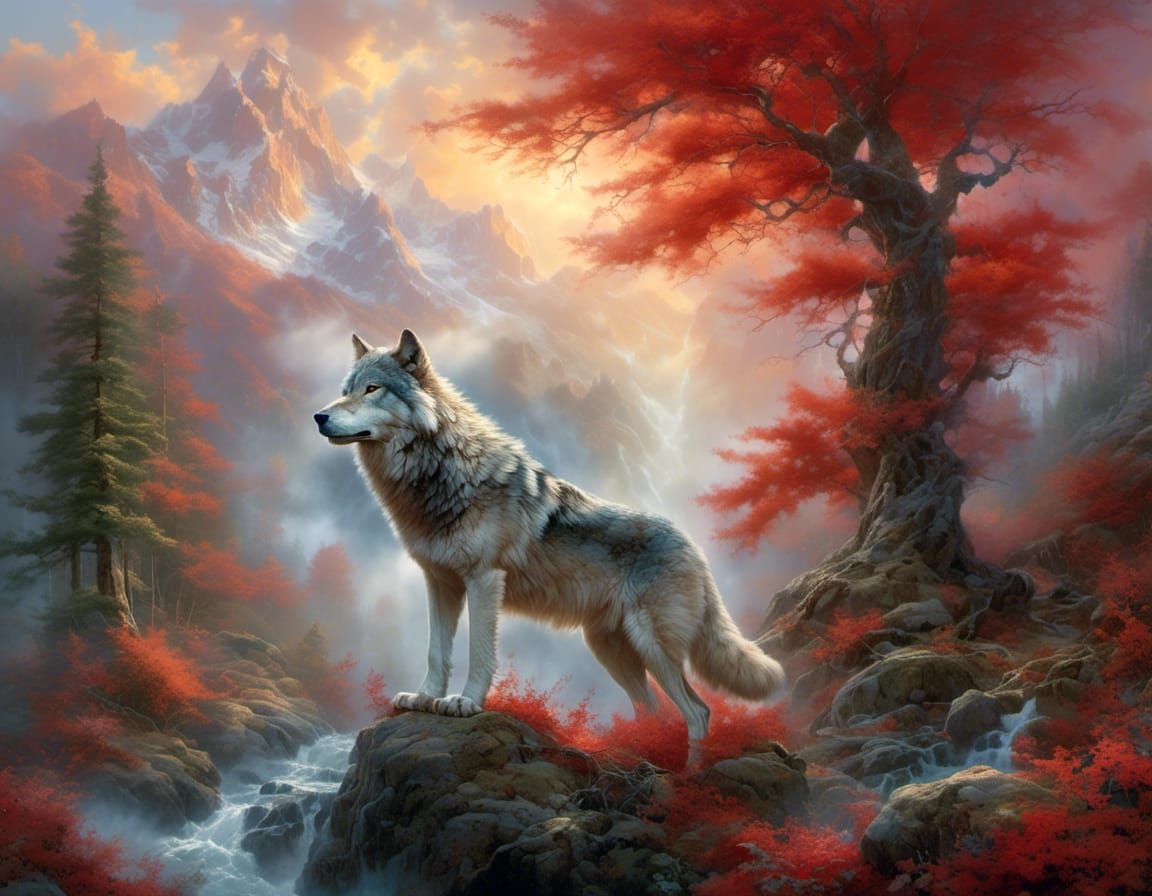 Wolf Portrait with Red Background in Hyperreal Style