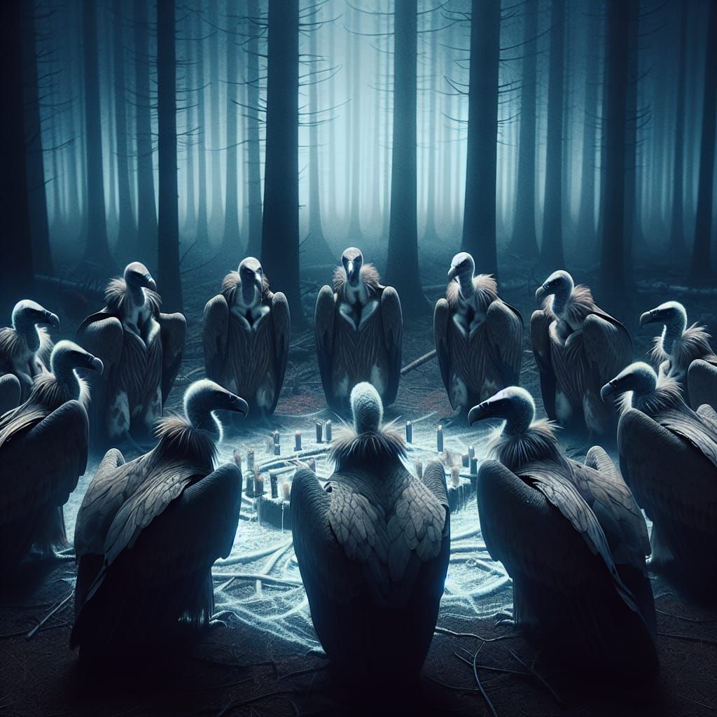 Eerie Vulture Séance in a Dark Forest