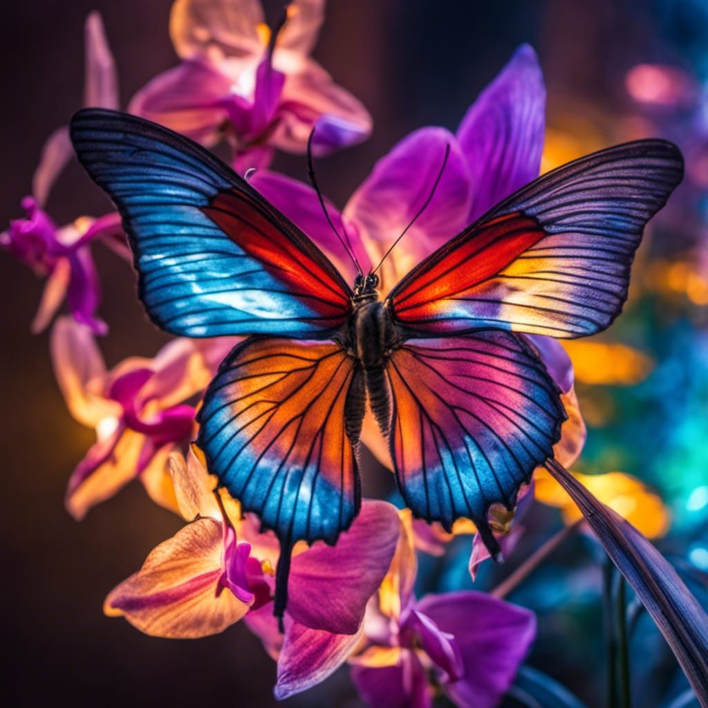Neotechnical Butterfly Emerging from Electric Orchids