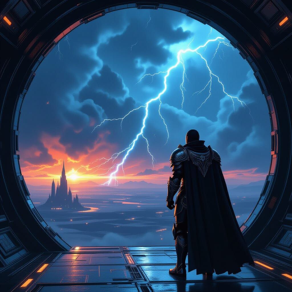 Dark Knight Gazes at Alien World in Epic Space Storm