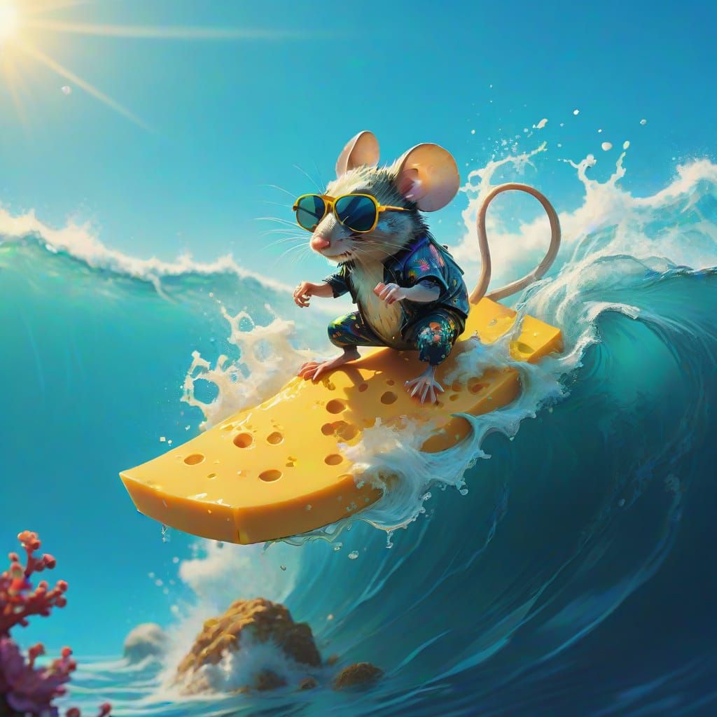 Mouse Rides Melted Cheese Wave in Hyperrealistic Art