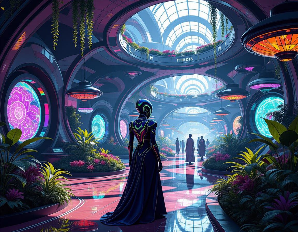 Iridescent Alien in Bioluminescent Solarpunk Marketplace