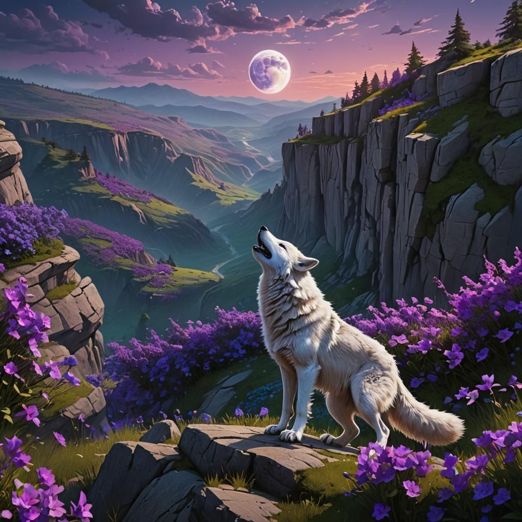 White Wolf Howling at Blue Moon, Fantasy Art