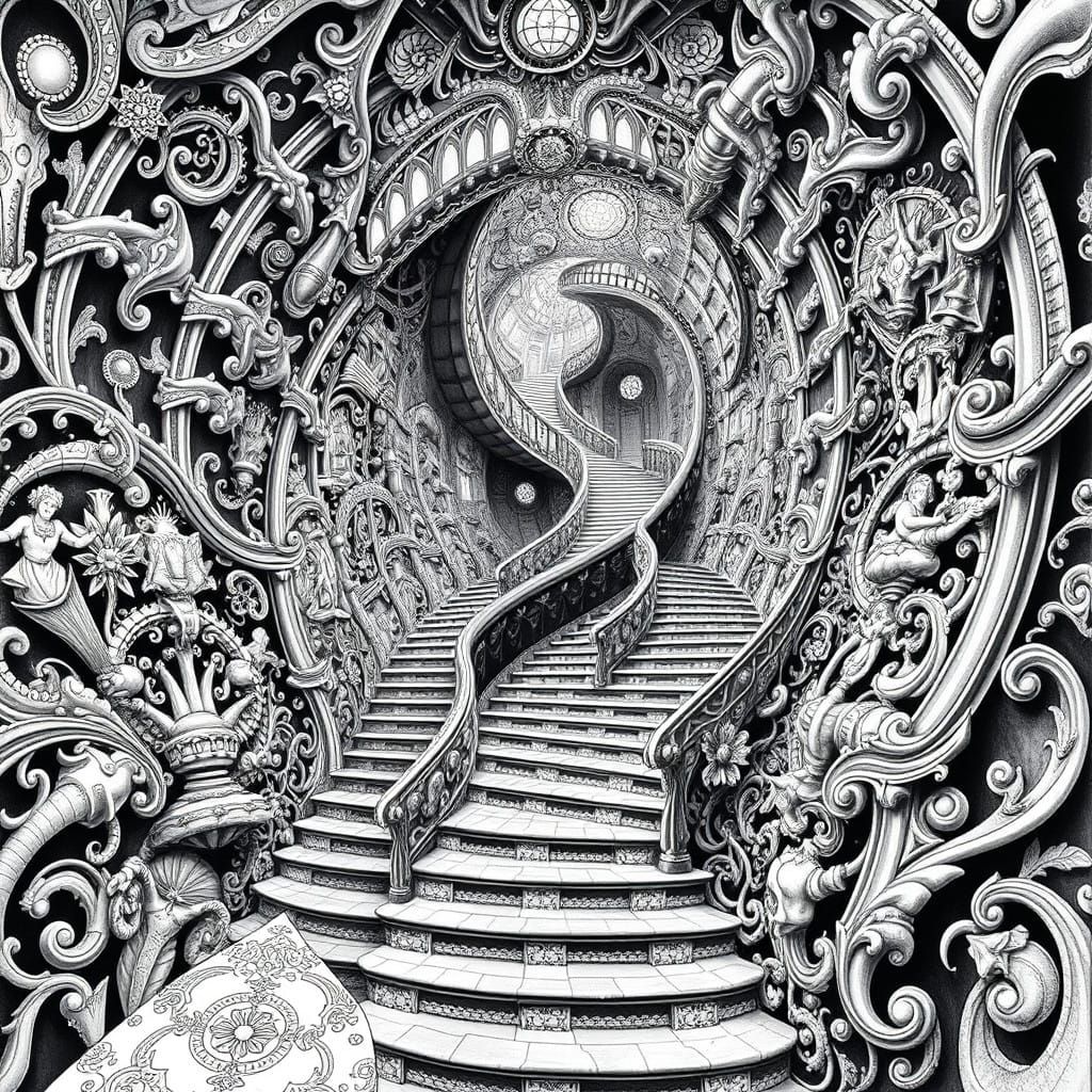 Intricate Black and White Escher-Inspired Staircase Art