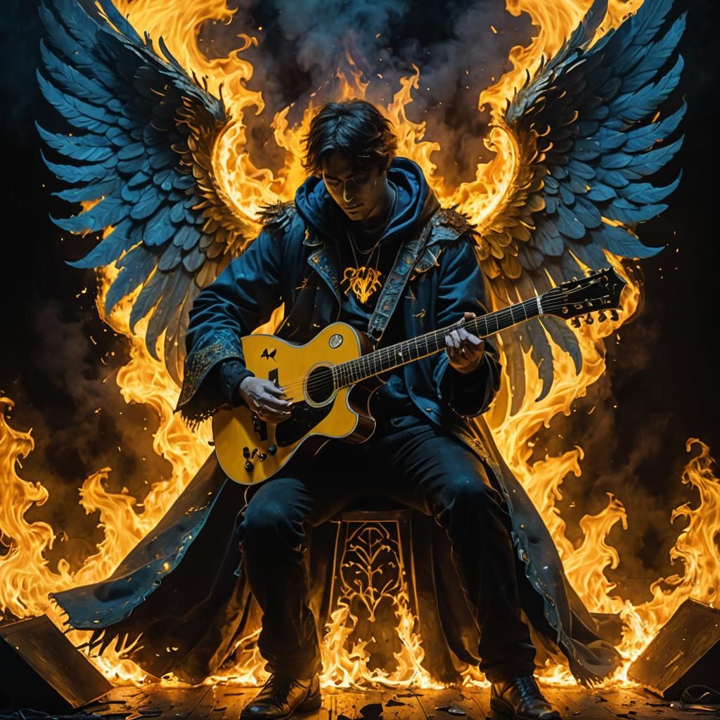 Fiery Guitarist with Angel Wings in Dark Scene