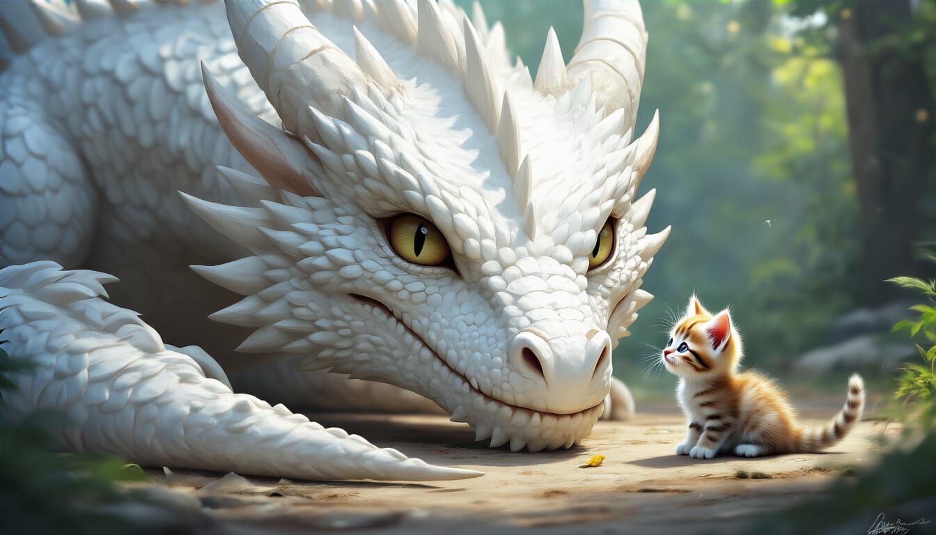 Giant Dragon Face Meets Playful Kitten