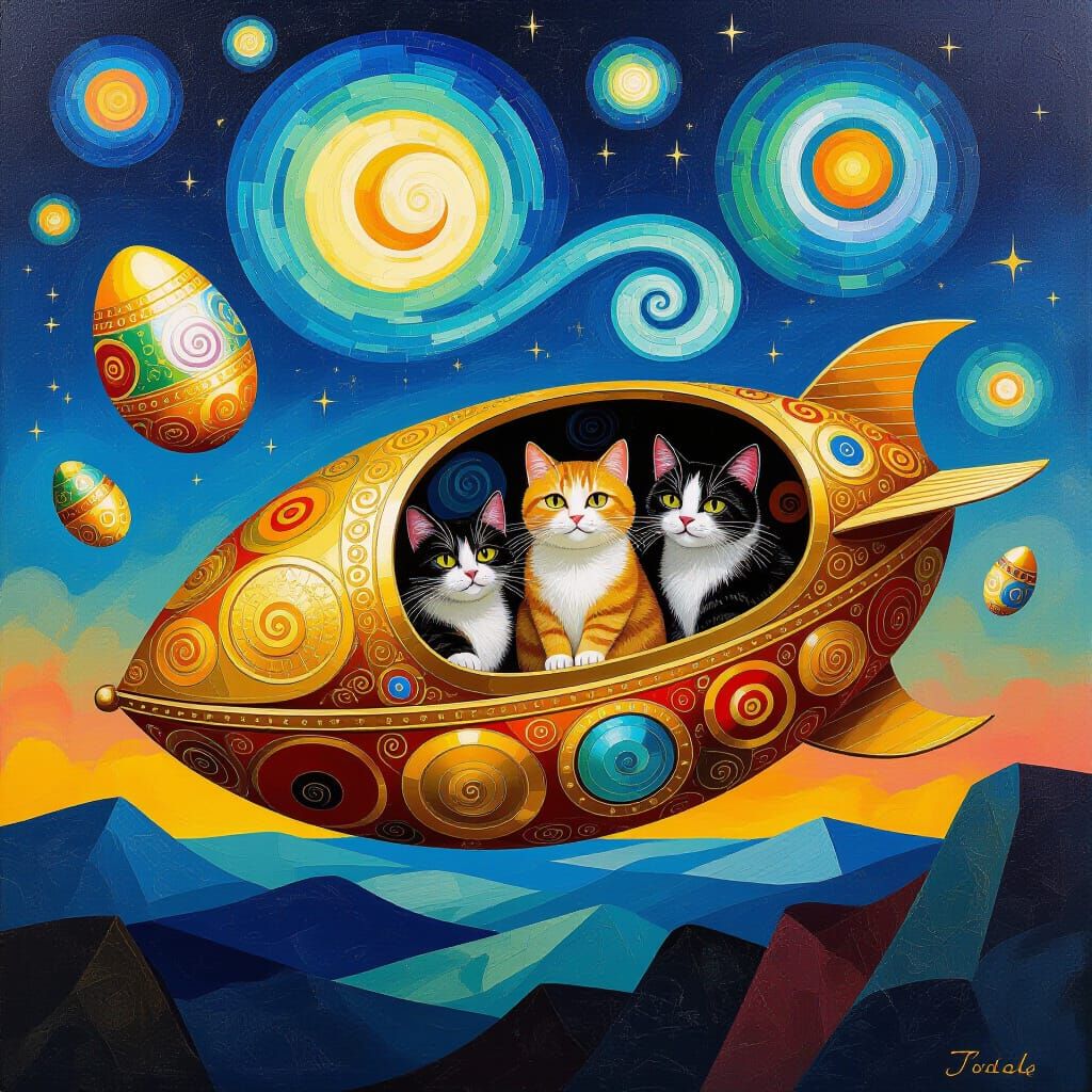 Gilded Flying Eggs with Cats in Neo-Impressionist Style