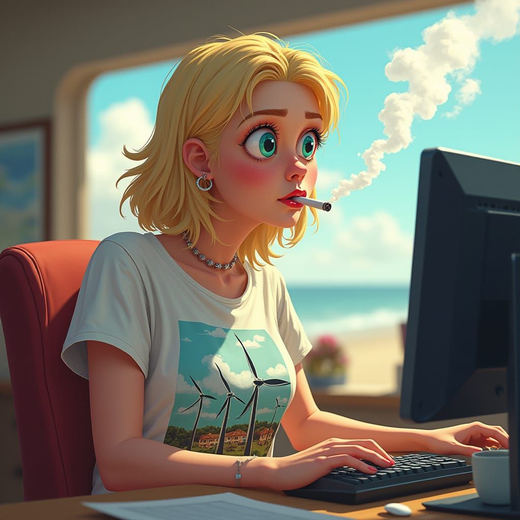 Madge from Benidorm at Computer, Realism Style