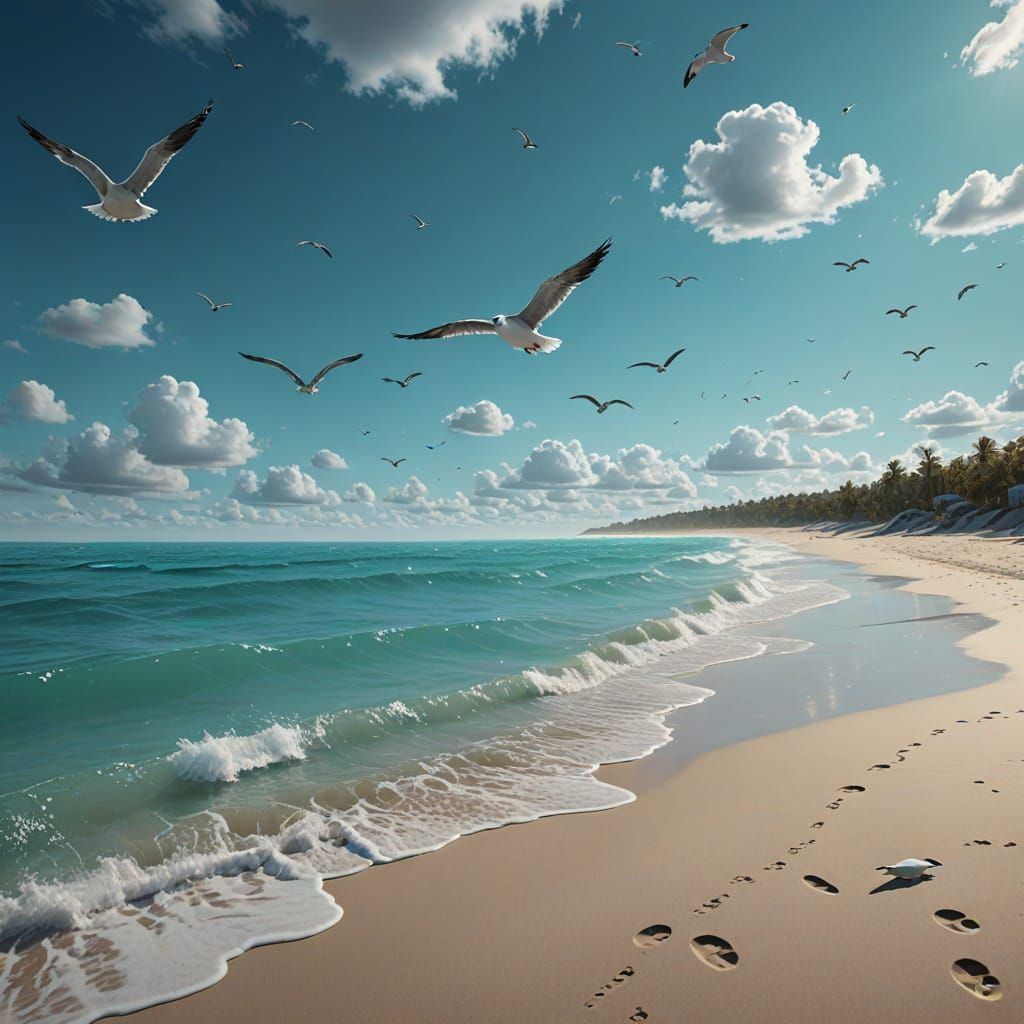 Turquoise Ocean Beach with Seagulls: Fantasy Concept Art
