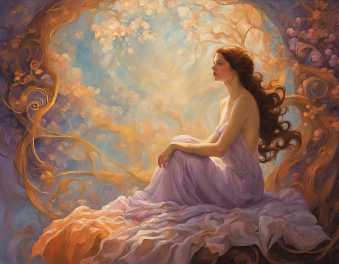 Art Nouveau Fantasy Woman in Pastel and Moebius Style