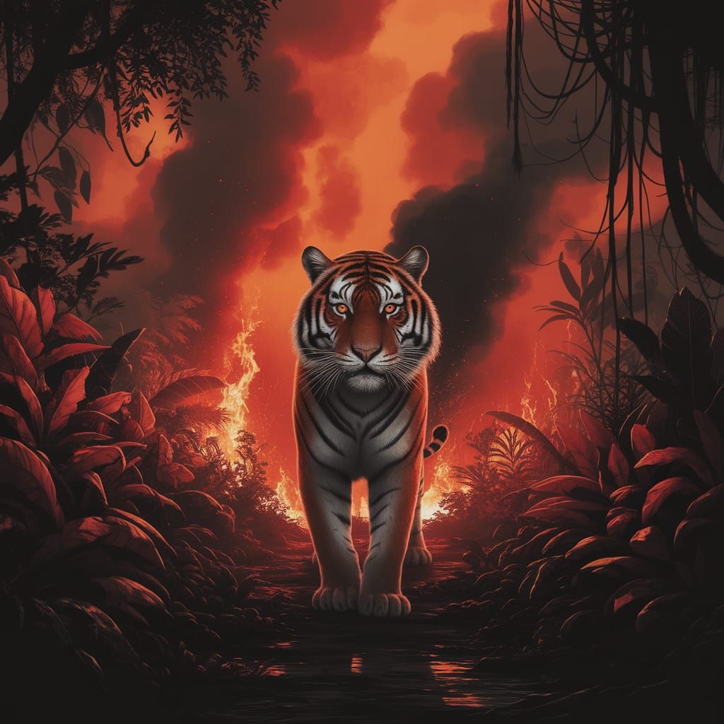 Ethereal Tiger in a Burning Jungle