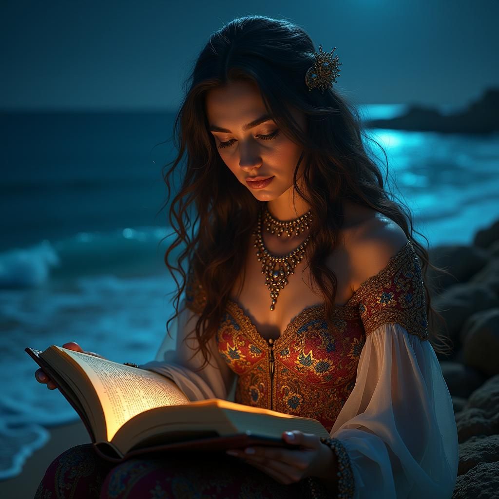 Moonlit Reader: Arabic Woman in Art Nouveau Style