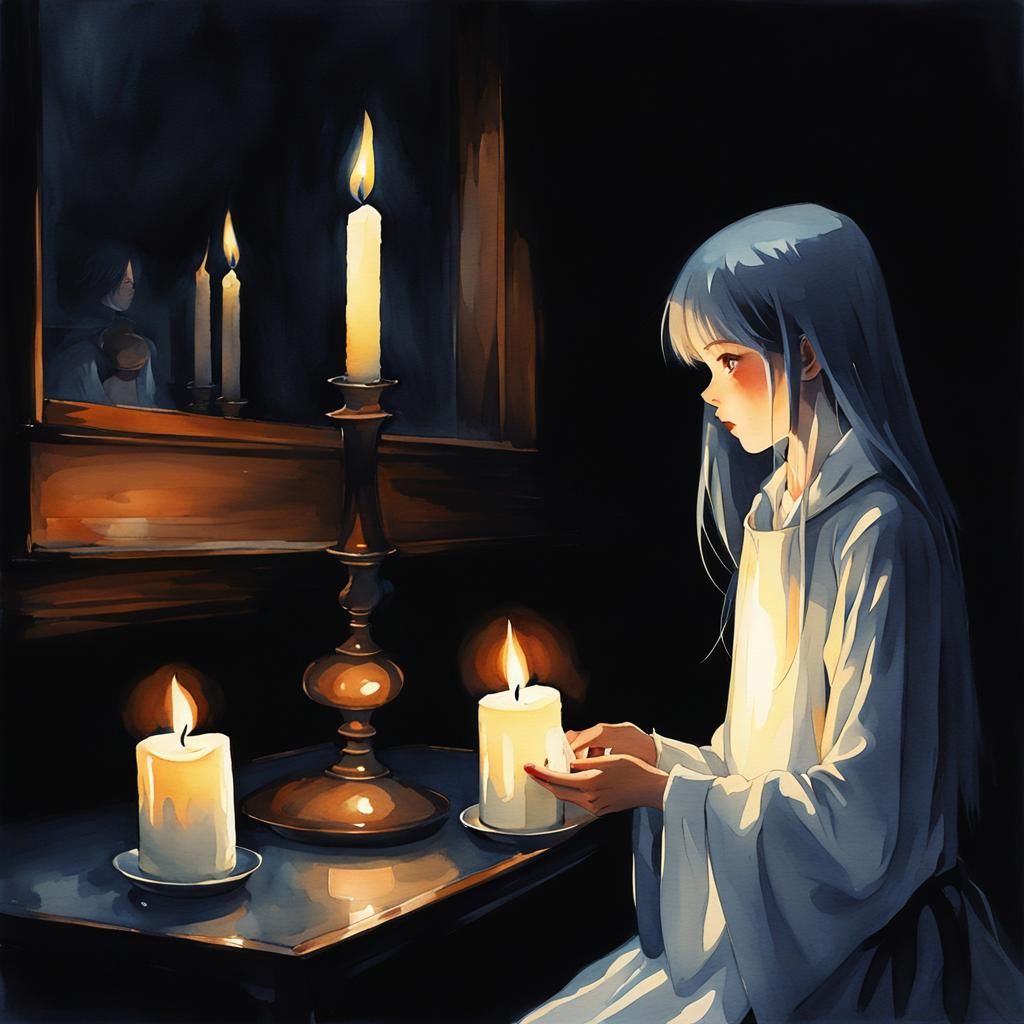 Ghost Girl Reflected with Candle in Anime Watercolor