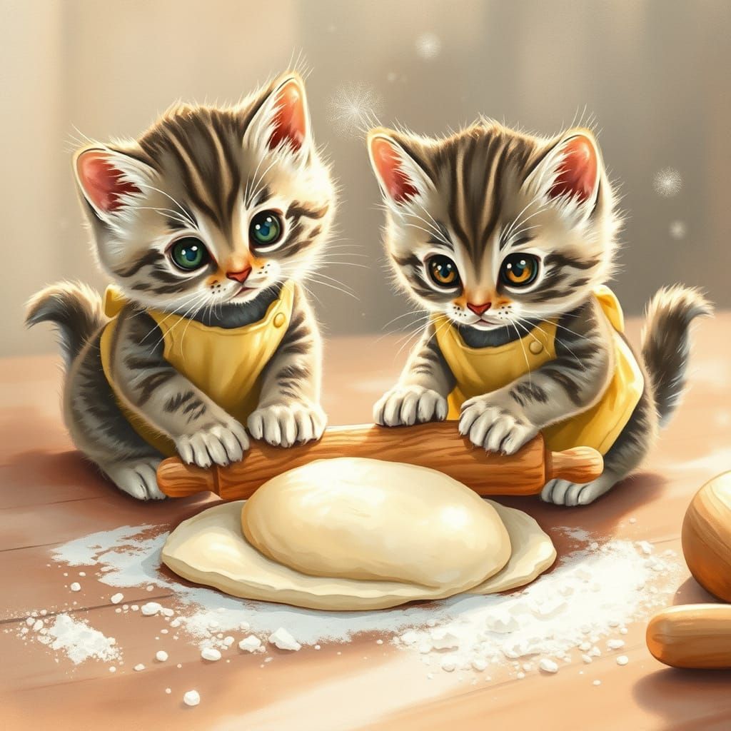Kittens Playfully Knead and Roll Dough in Whimsical Scene