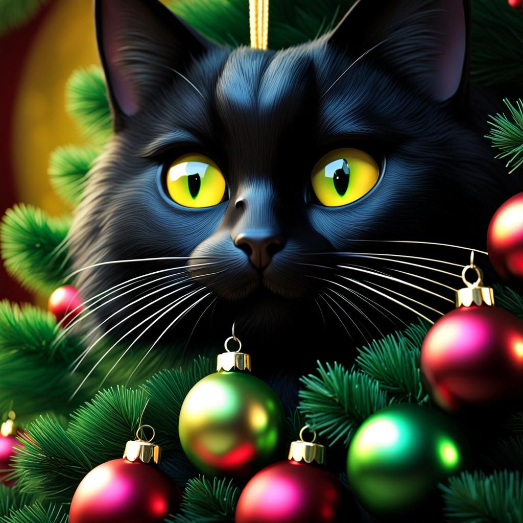 Fluffy Cat Peeks Through Christmas Tree: 3D Digital Art