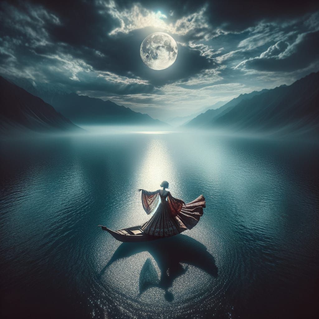 Ethereal Moonlit Dancer in Majestic Lake Reflection