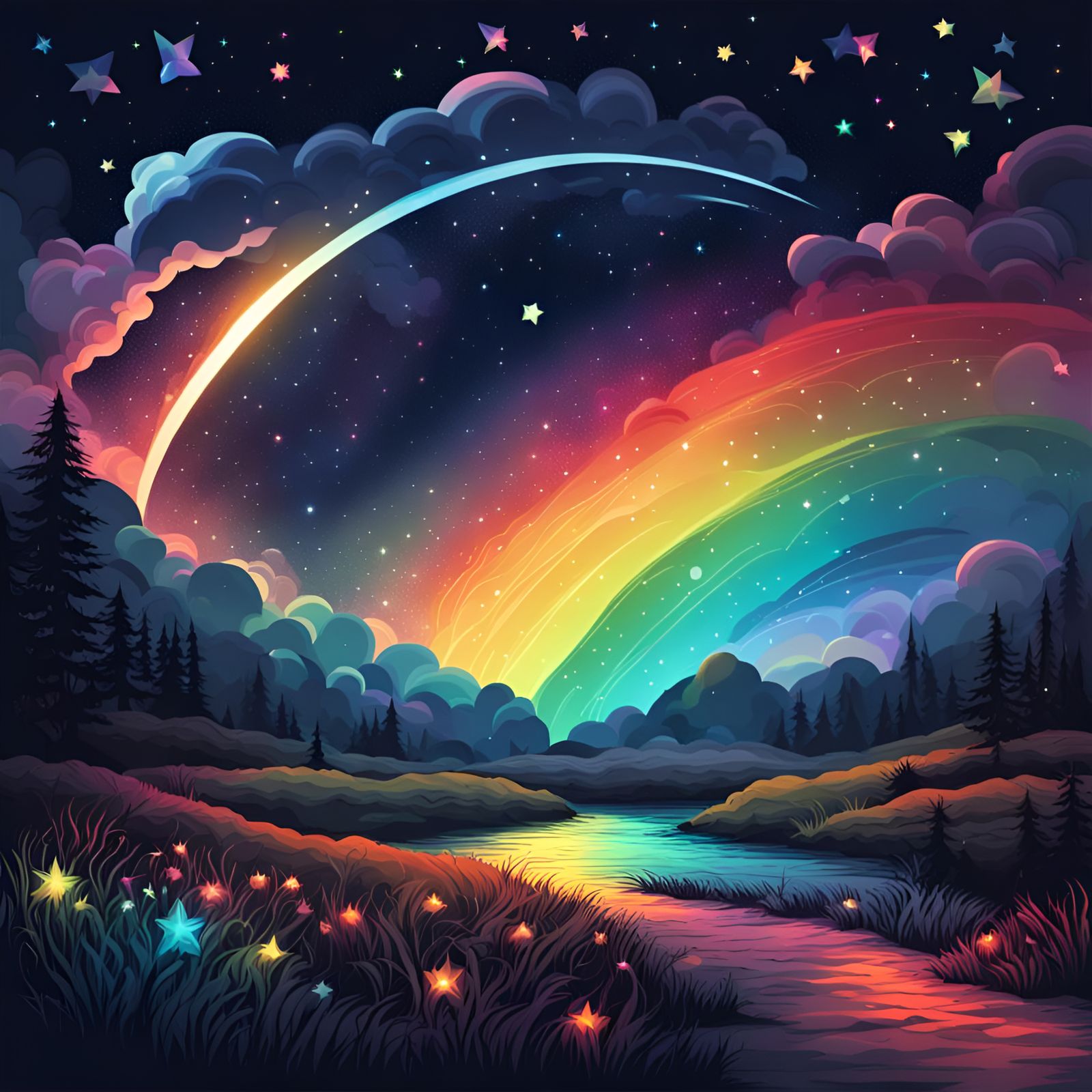 Magical Rainbow Under Starry Cosmic Moonlight