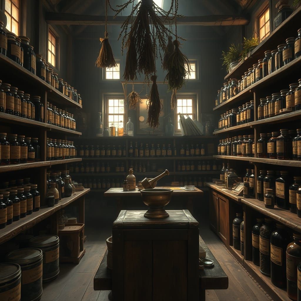 Atmospheric Apothecary Shop with Dusty Jars and Herbs