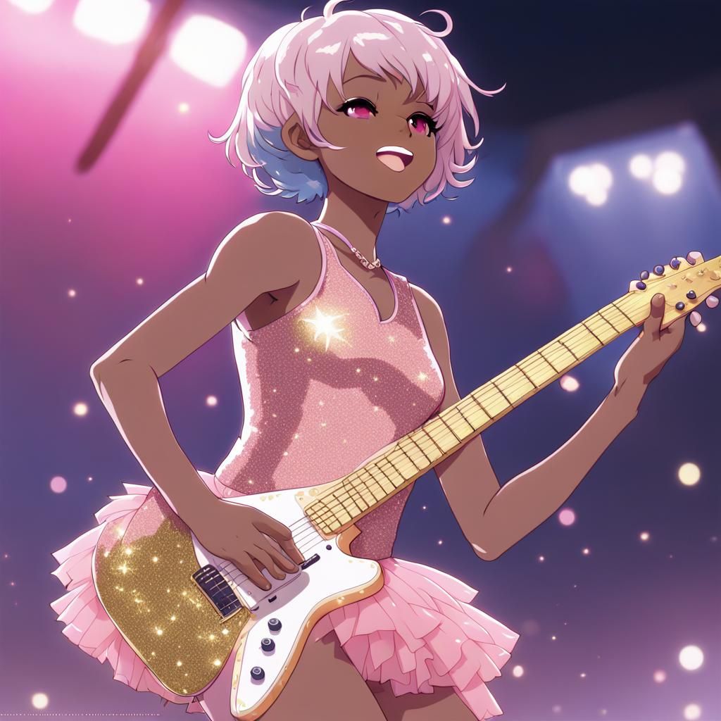 Anime Girl with Blue Hair Plays Pink Guitar