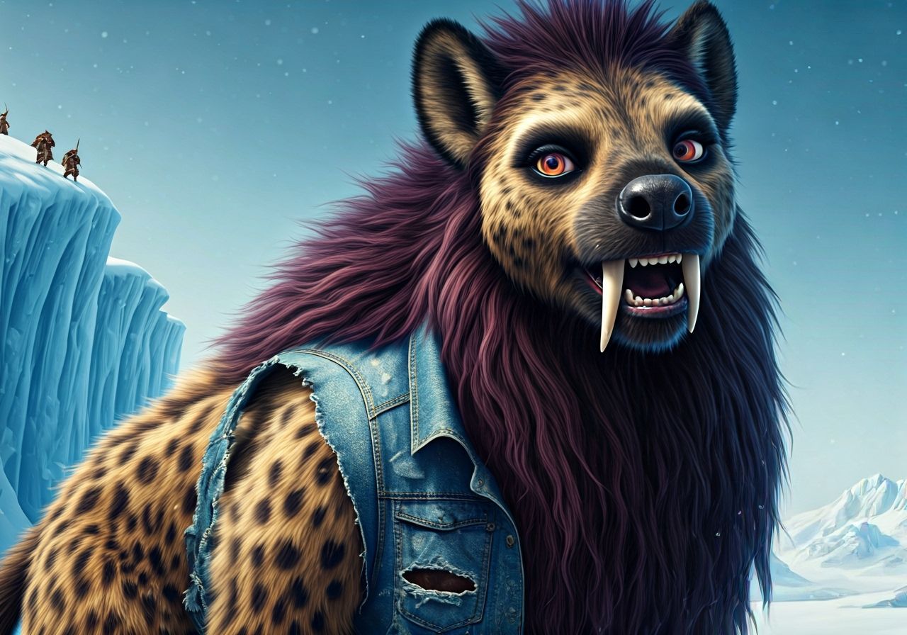 Fierce Ice Age She-Hyena Roaring in Snowy Landscape