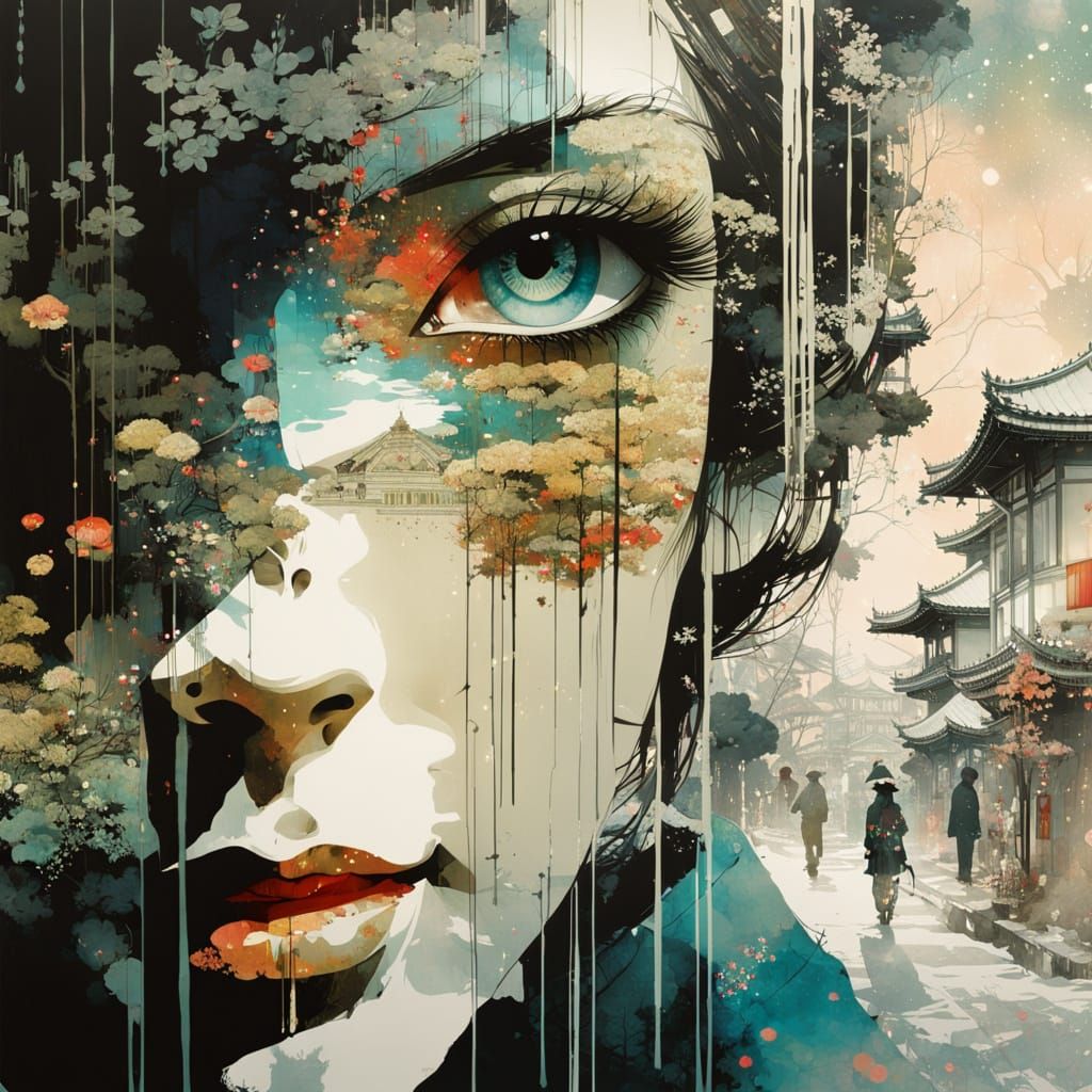 Galaxy Drips into Japanese Landscape with Princess Silhouett...