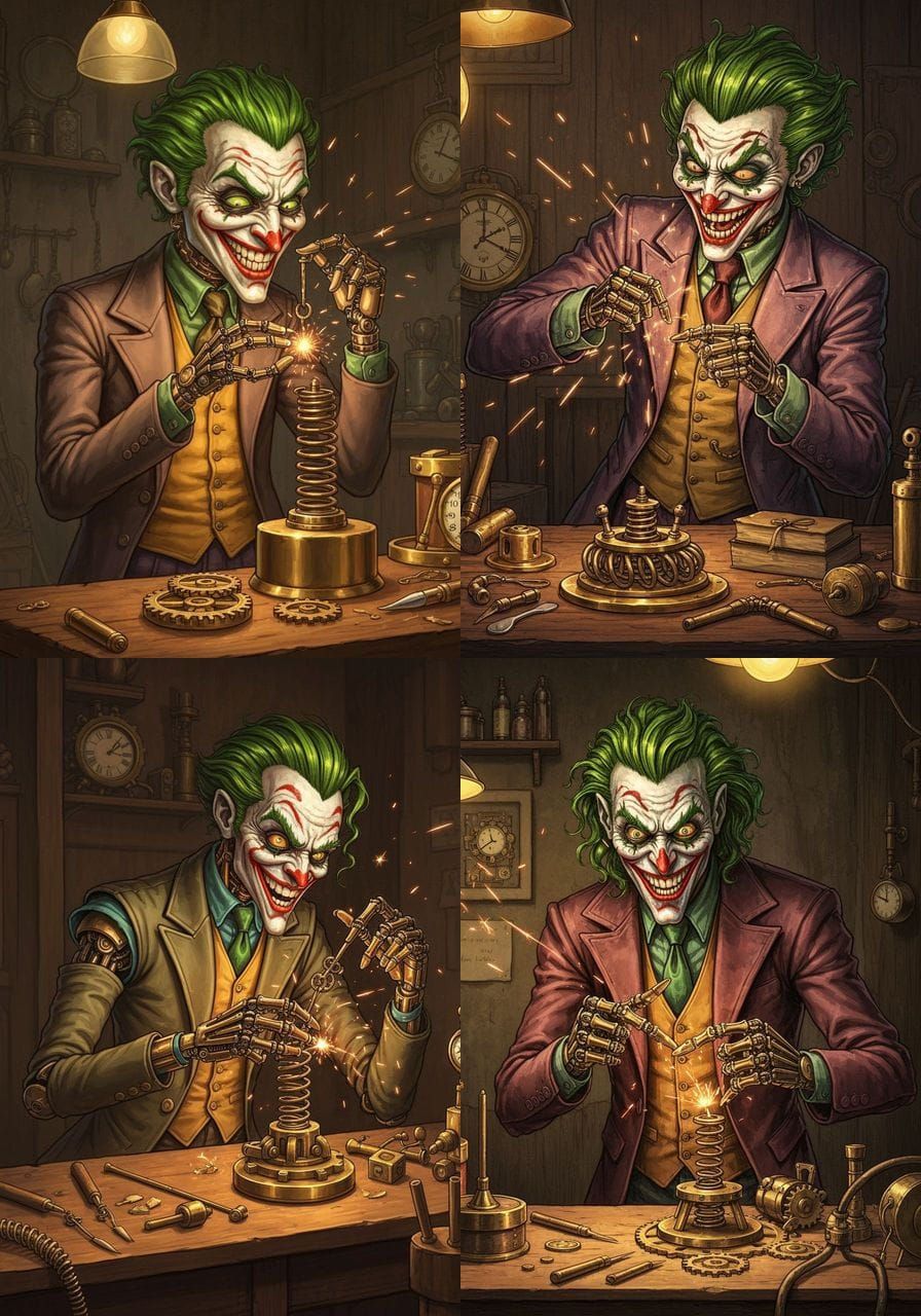 Clockwork Joker Automaton in Victorian Workshop