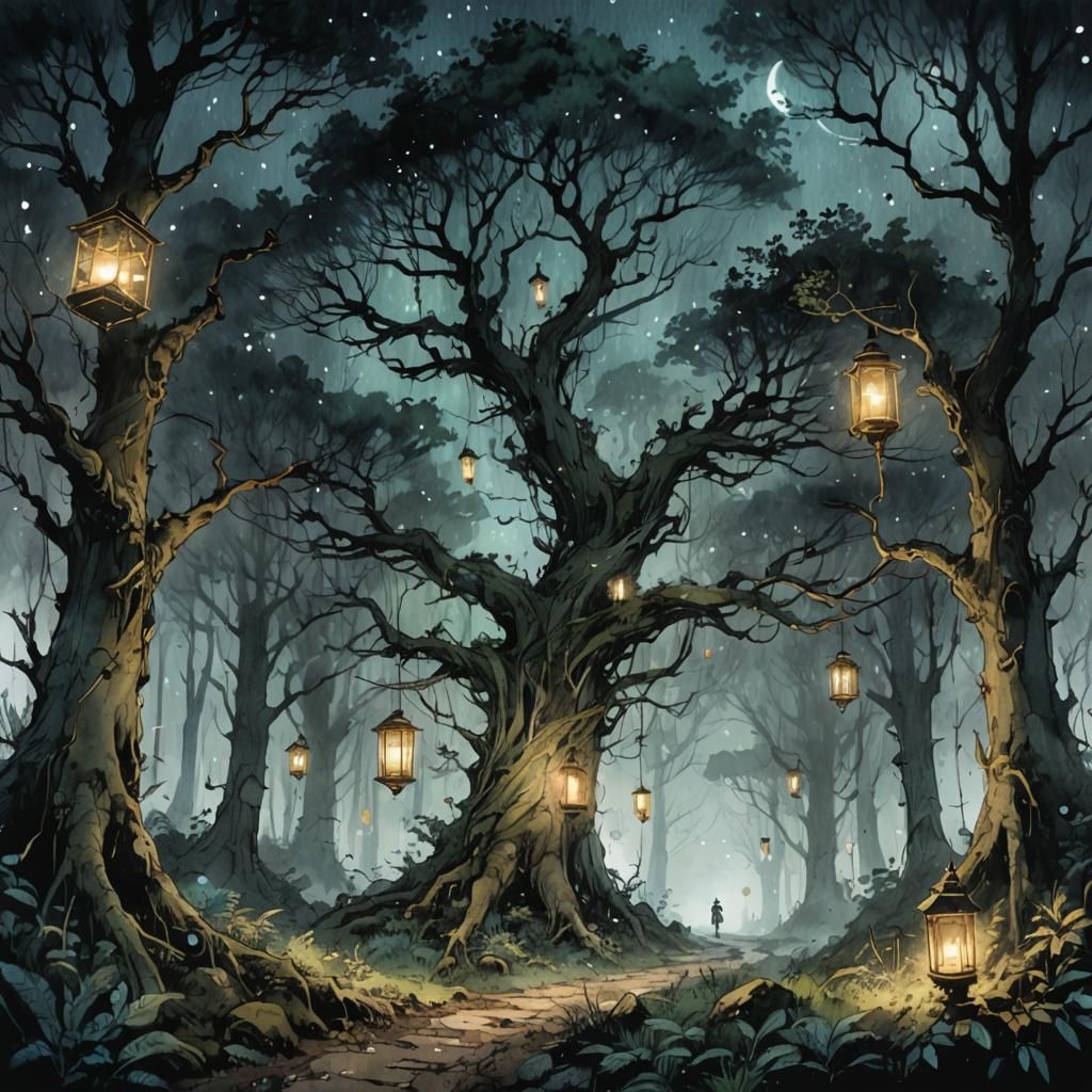 Misty Forest in Ghibli Style with Magical Elements