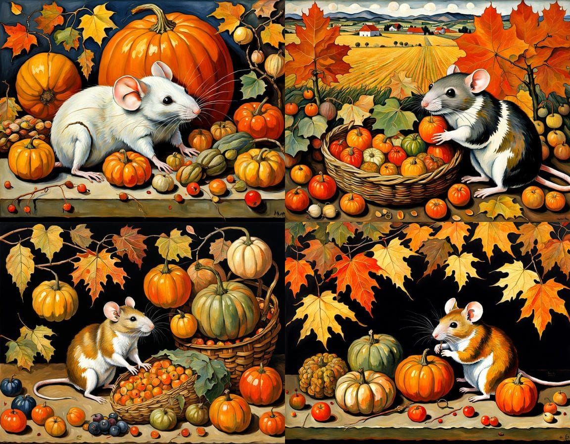 Mouse Enjoys Autumn Harvest in Surrealist Oil Painting Style