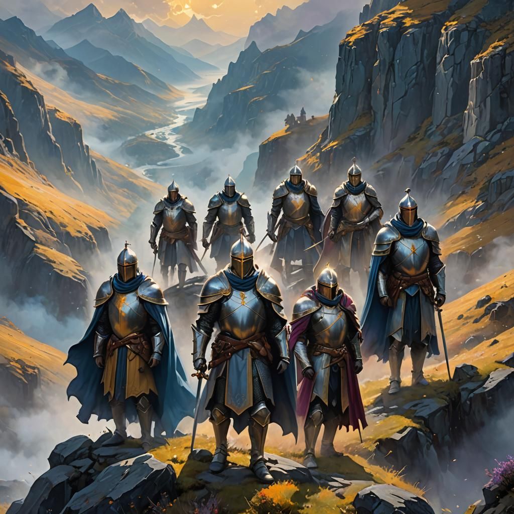 Medieval Knights on Misty Pass: Oil Painting