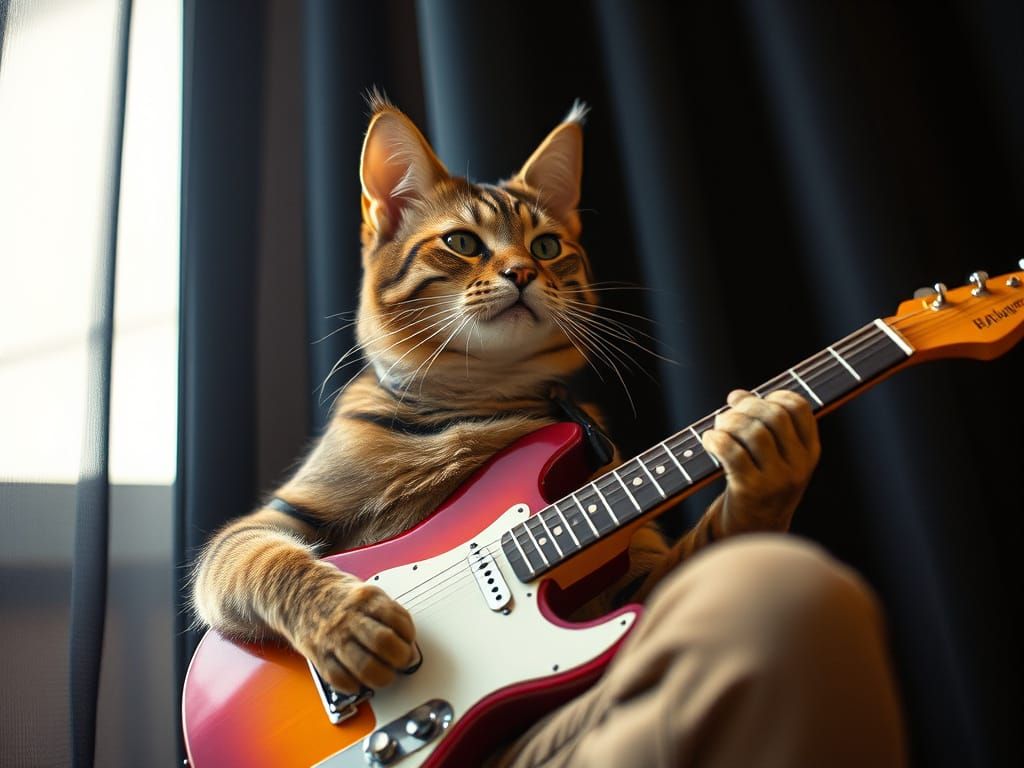 Rockstar Feline: A Gritty Cat Shreds Electric Guitar on a Da...