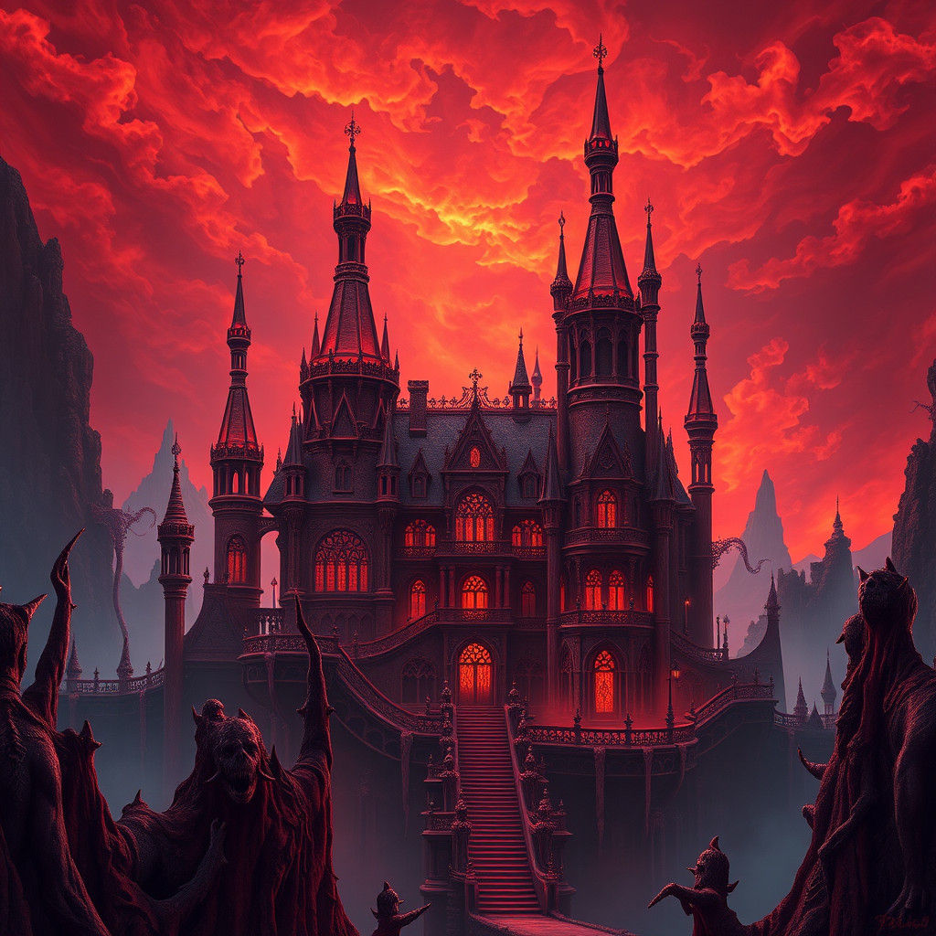 Ethereal Crimson Mansion in Hell, Fantasy Art