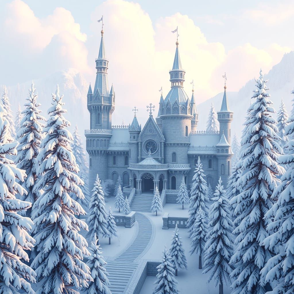 Surreal Winter Castle in Anime-Inspired 3D Art Style