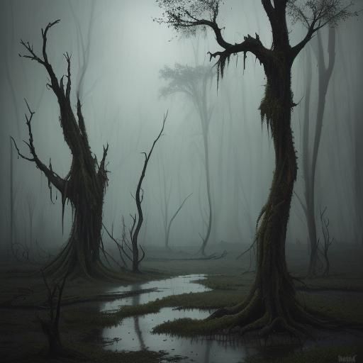Gloomy Dead Tree Valley Landscape in Hyperrealistic Style