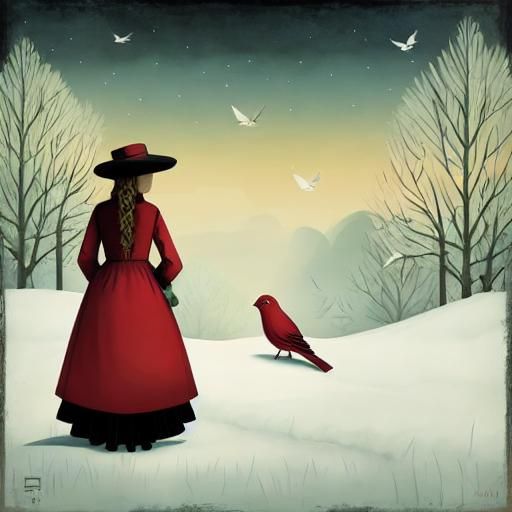 Girl in Red Dress with Lonely Bird