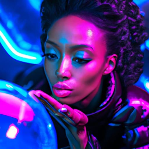 Cyberpunk Black Woman with Neon Locs on Bubble Planet