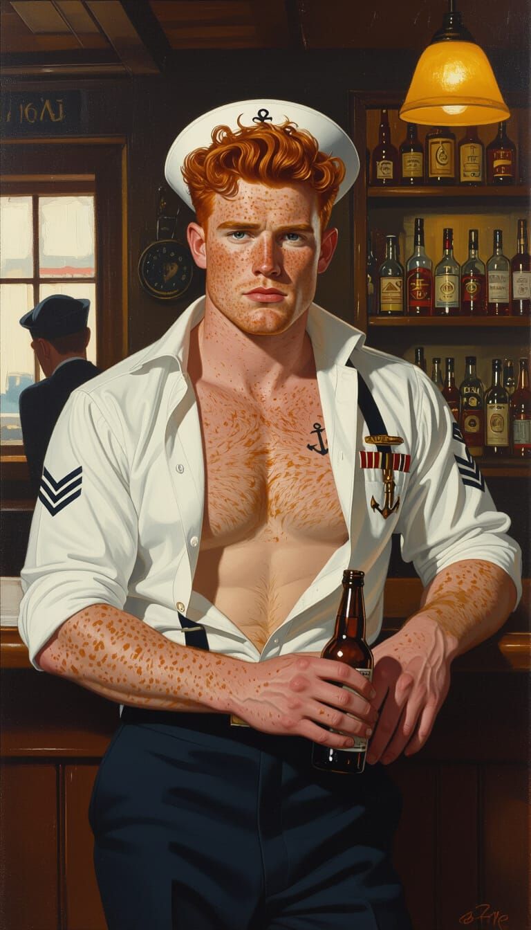 Sailor Leans at Bar in 1940s Egg Tempera Style