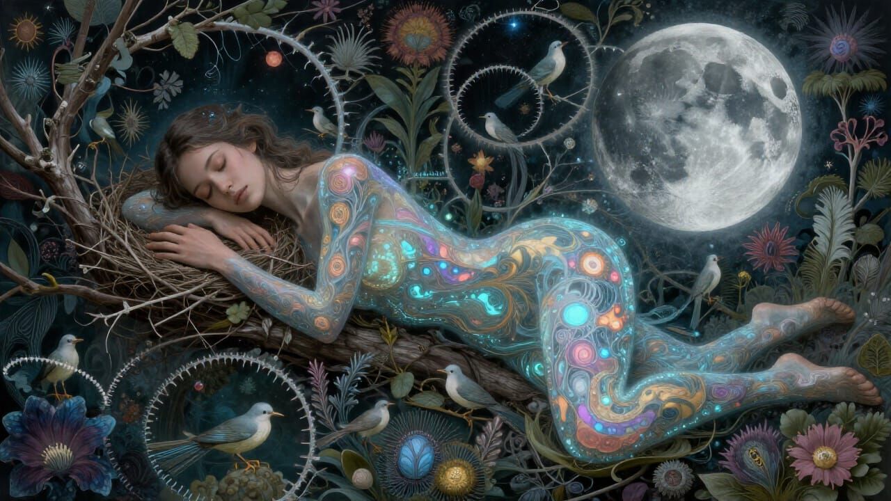 Ethereal Woman Embodies Nature's Intertwined Mindscape