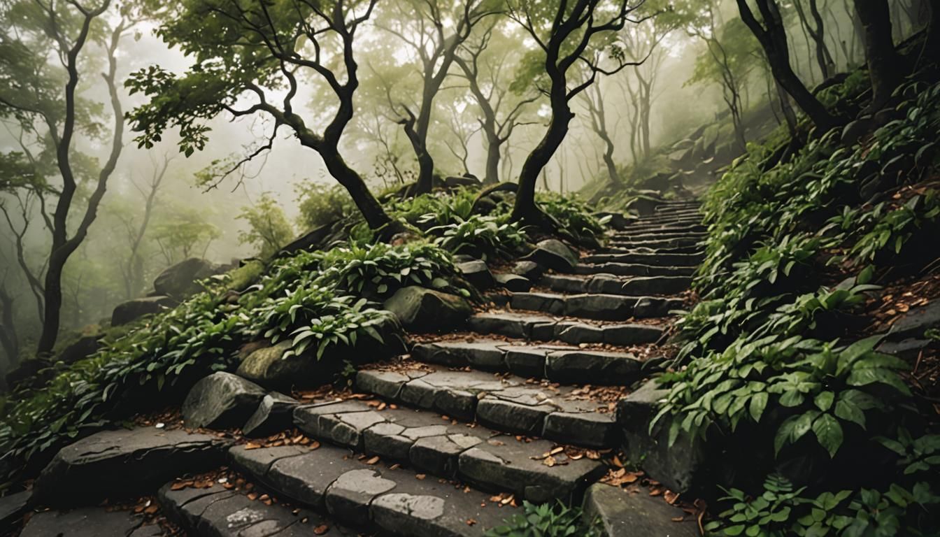 Mysterious Stone Steps in Misty Mountain Landscape