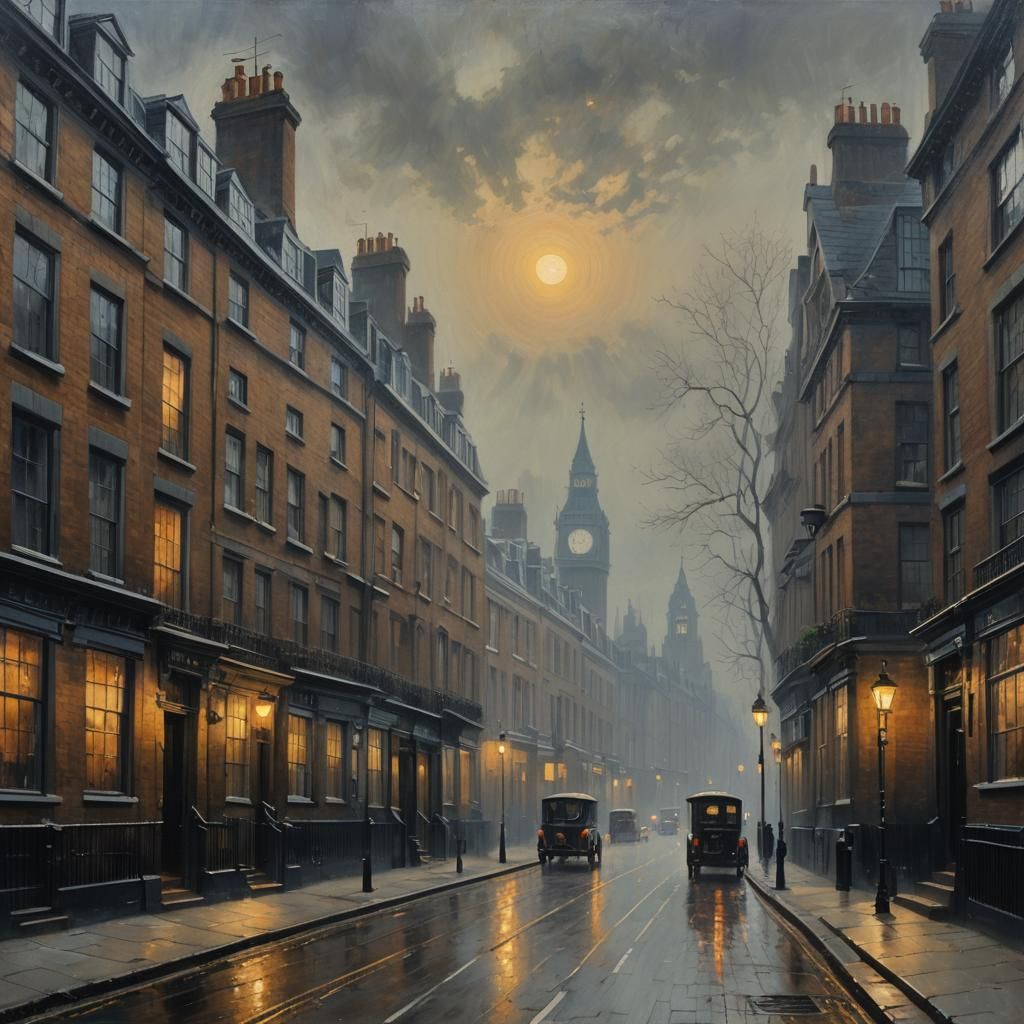 London Foggy Morning in Oil Painting Style