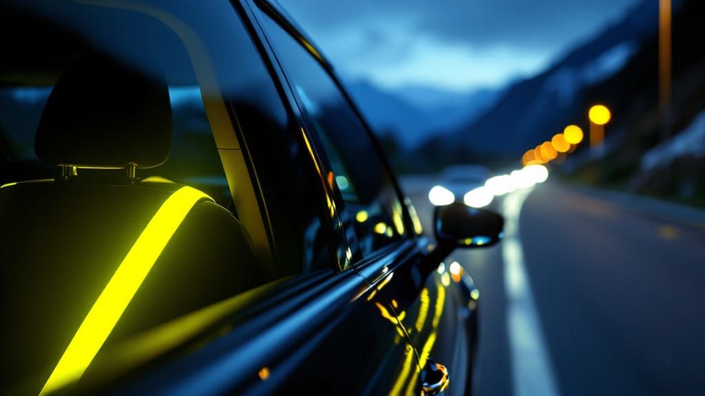 Luxury Car Dusk Scene with Glowing Seatbelt
