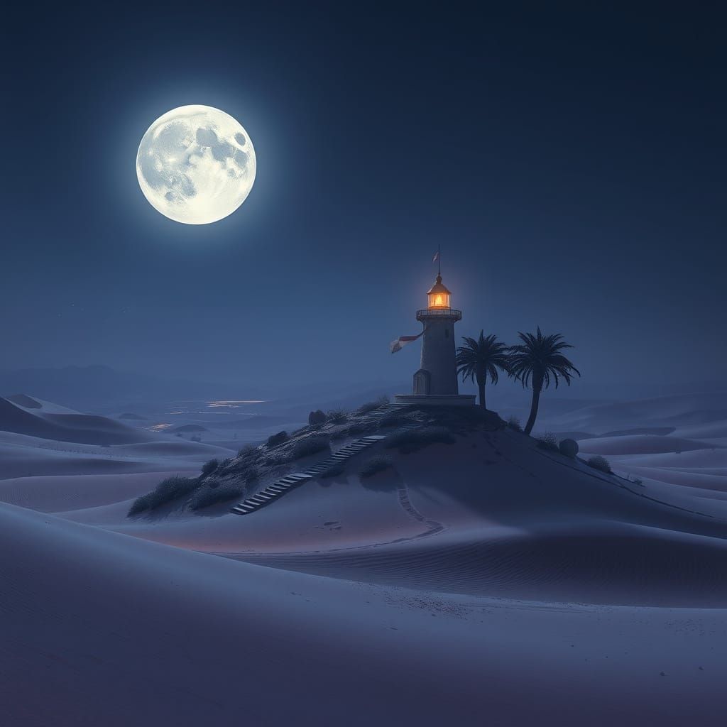 Moonlit Desert Oasis with Lighthouse, Matte Painting