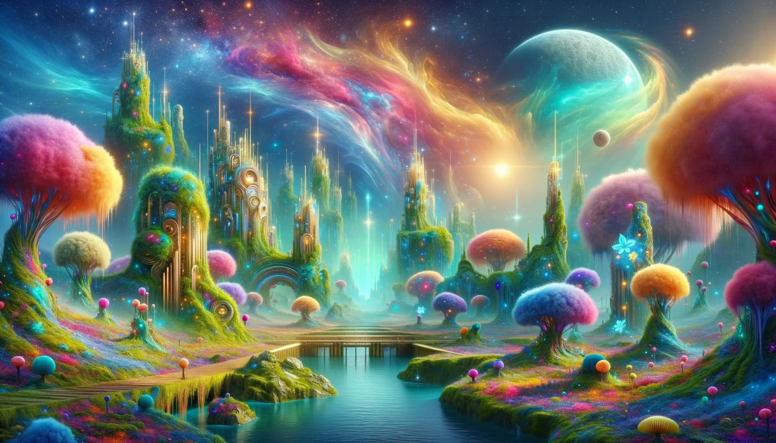 Colorful Alien Planet with Golden Ruins and Nebula