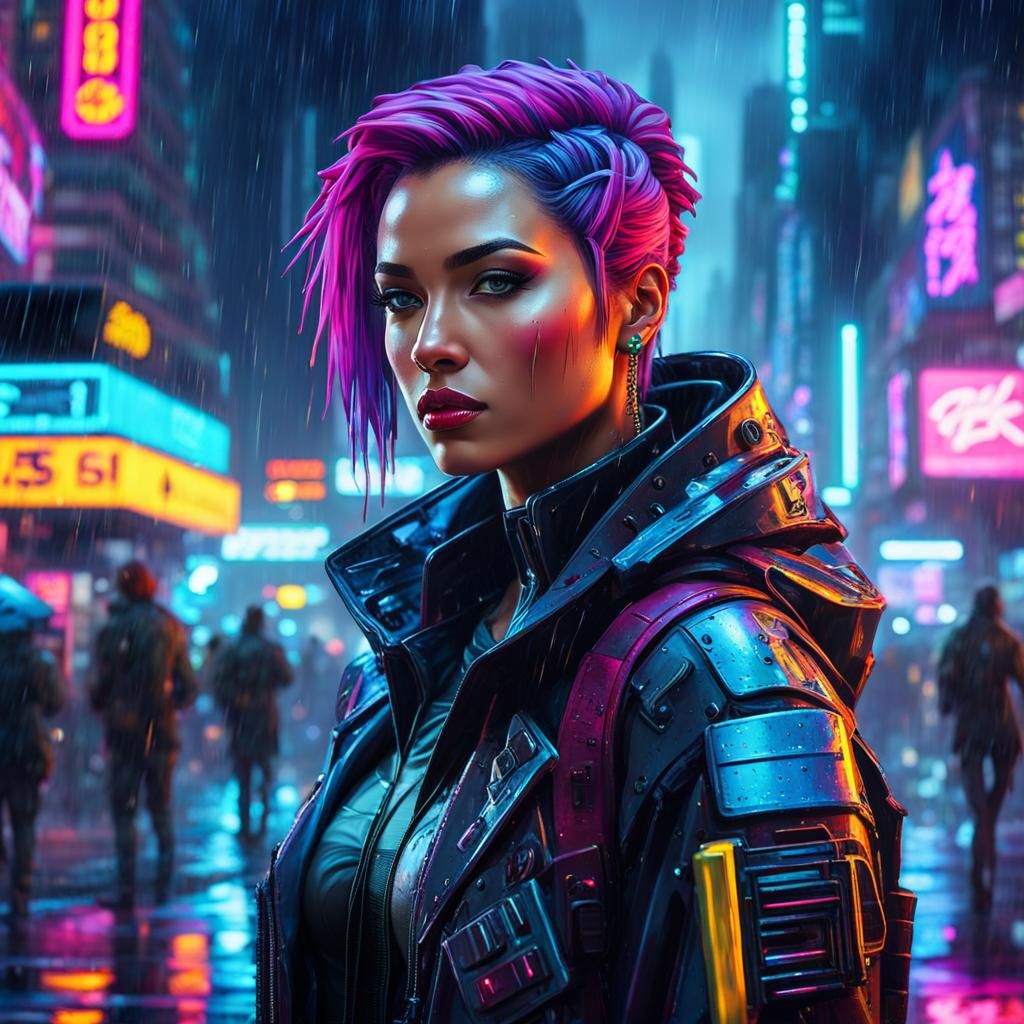 Cyberpunk Girl in Rainy Neon Cityscape
