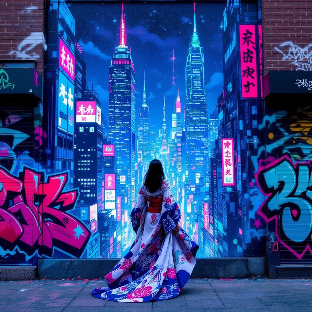 Futuristic Cityscape Street Art with Lone Woman