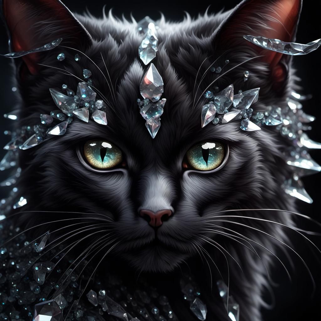 Crystallized Black Cat Portrait in Anime Style