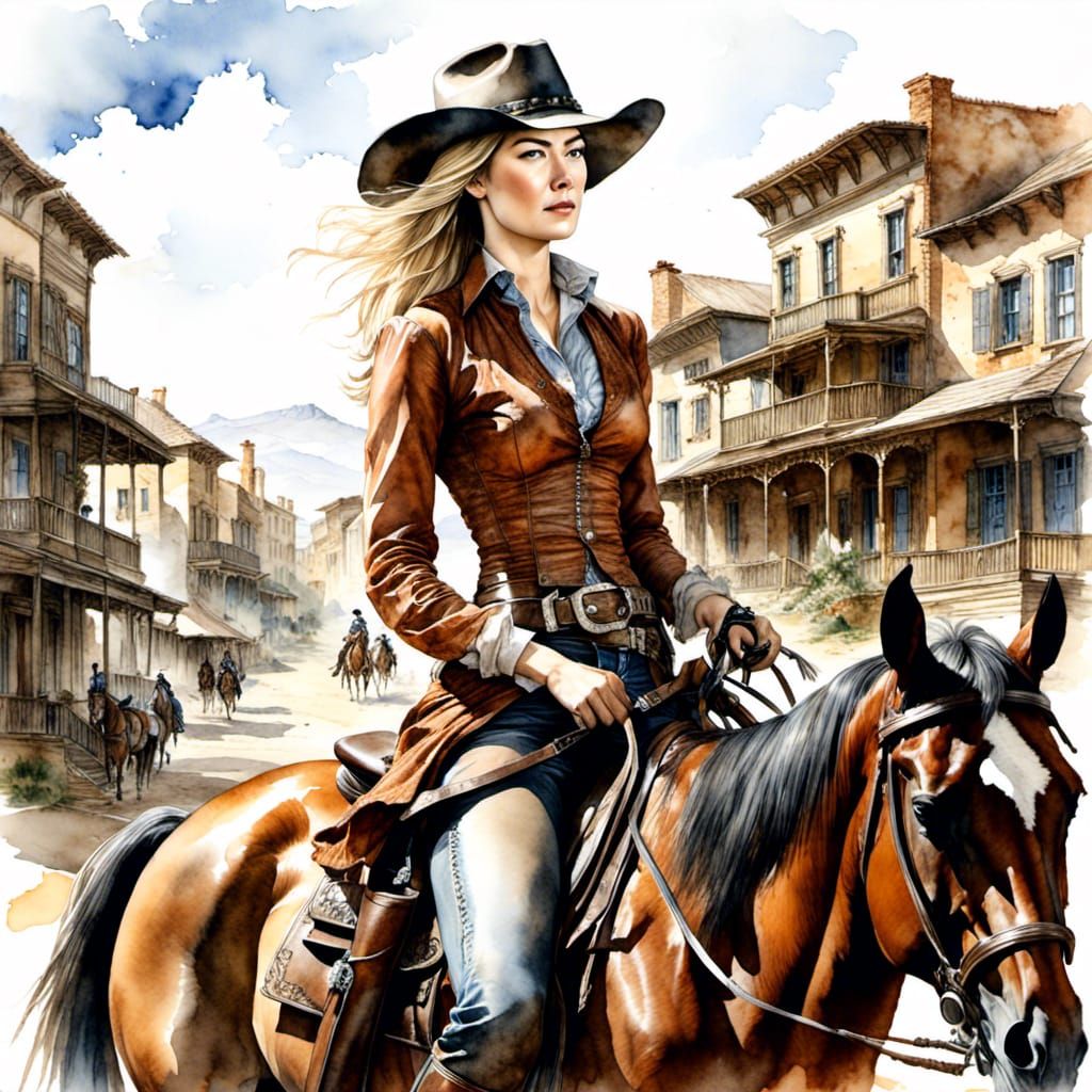 Rosamund Pike as Western Gunfighter in Watercolor
