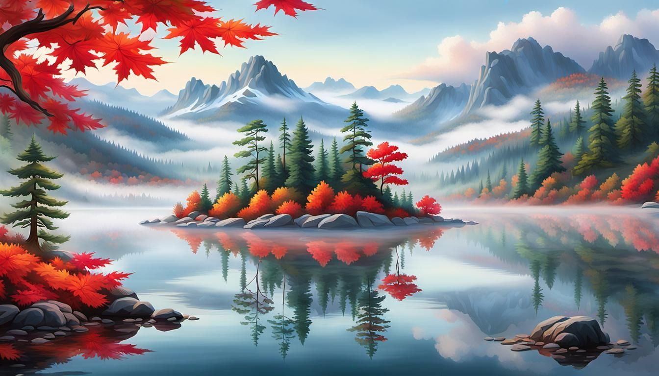 Majestic Mountain Lake with Maple Islet