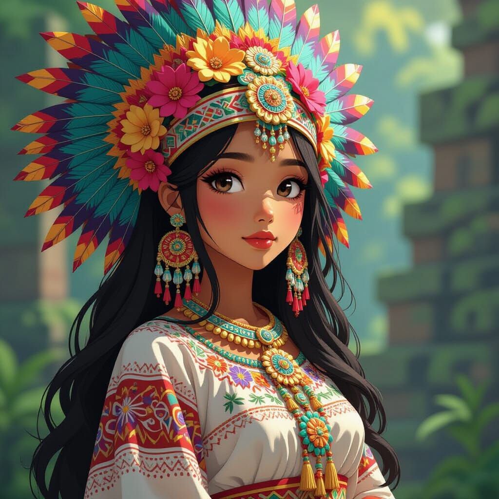 Aztec Girl in Anime Manga Style with Floral Huipil