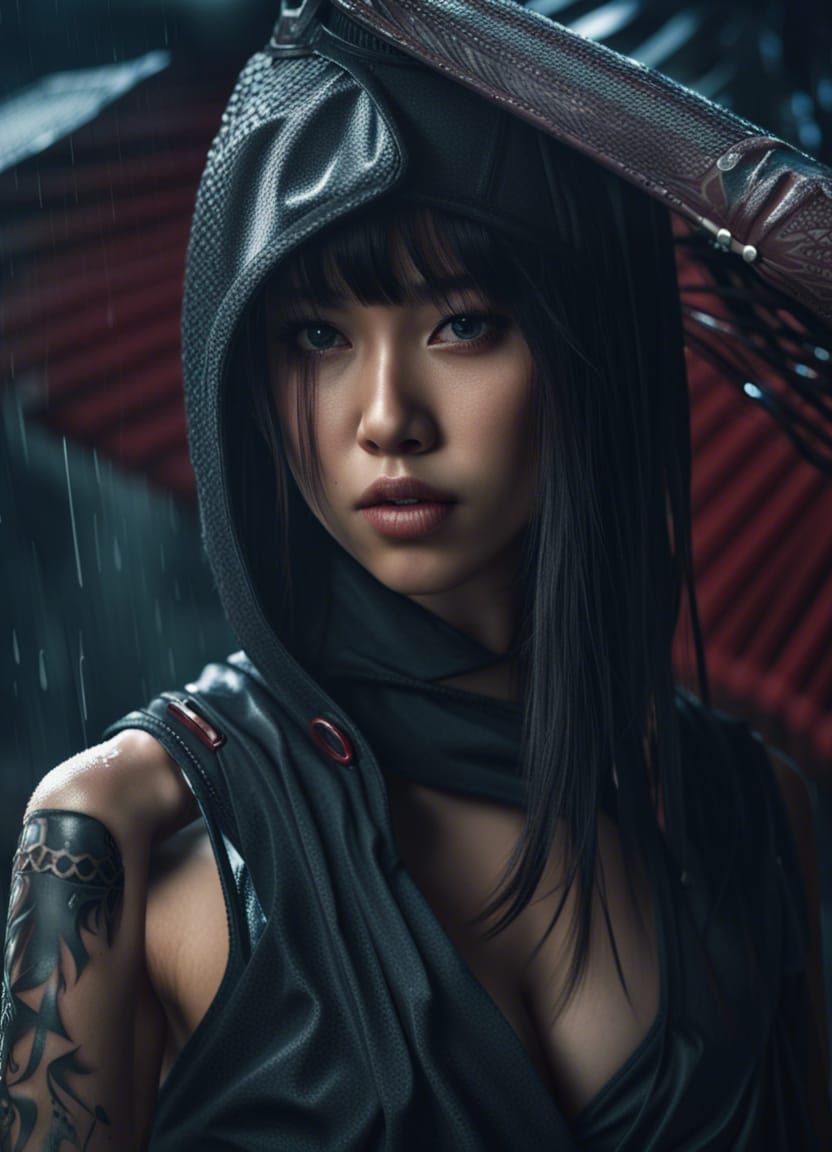 Beautiful Asian Ninja Girl in Rain, Ultra Detailed
