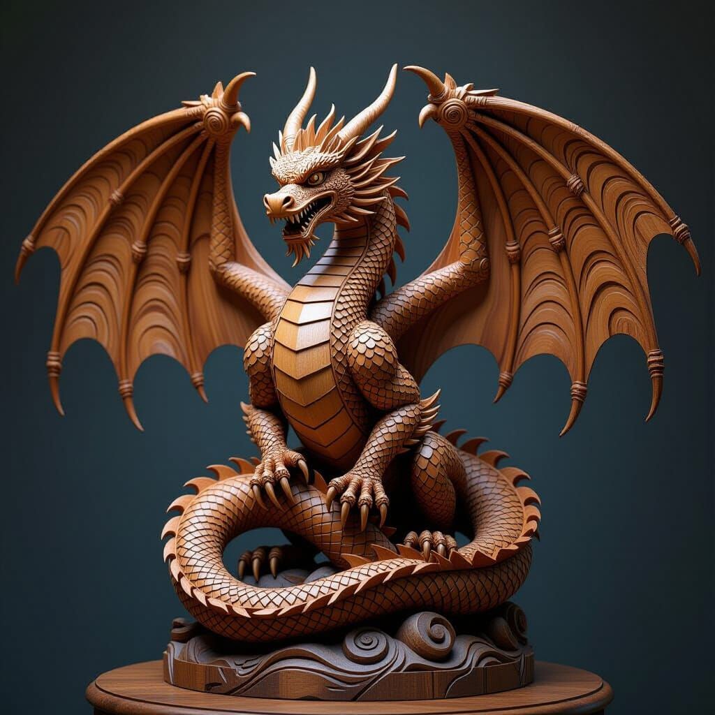 Majestic Wooden Dragon Sculpture with Intricate Details